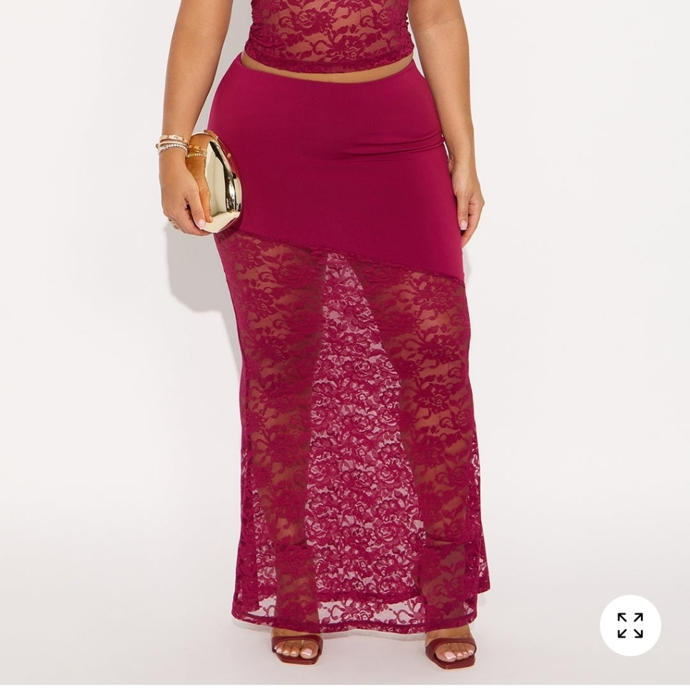 Elegant Burgundy Lace Overlay Skirt Set